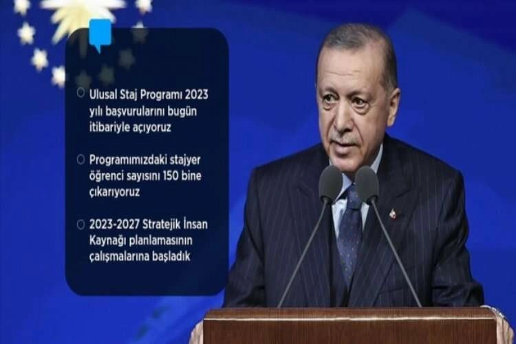 Cumhurbaşkanı Erdoğan: Yaz stajları için ödediğimiz rakamı 2023'ten itibaren asgari ücret seviyesine yükseltiyoruz haberinin görseli