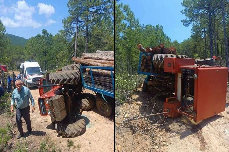 Uşak'ta tomruk yüklü traktör devrildi