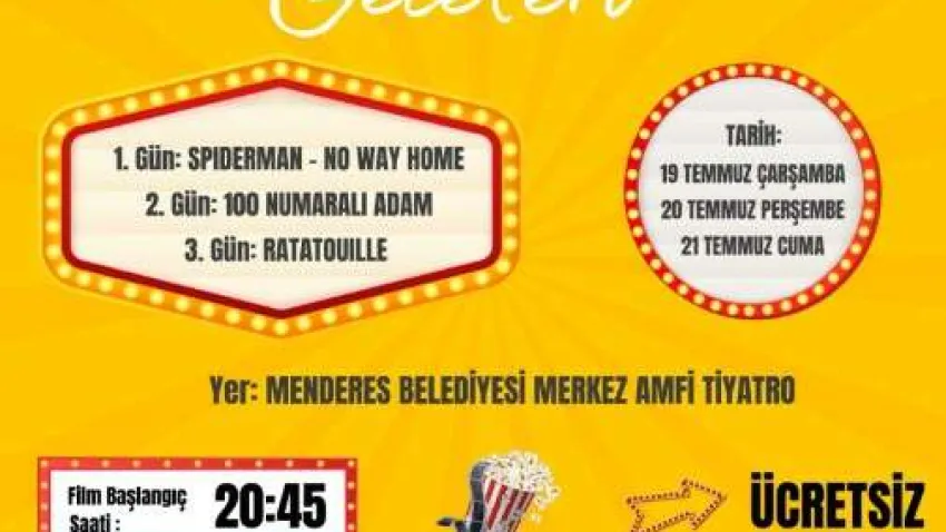 Menderes Belediyesi Kültür ve Sosyal İşler Müdürlüğü’nün katkıları ve Ege Bil Koleji’nin destekleriyle Menderes’te ‘’3 Gün 3 Film’’ sinema etkinliği gerçekleştirilecek. Ücretsiz etkinlik Menderes Belediyesi Kültür Merkezi Amfitiyatro’da düzenlenecek. 