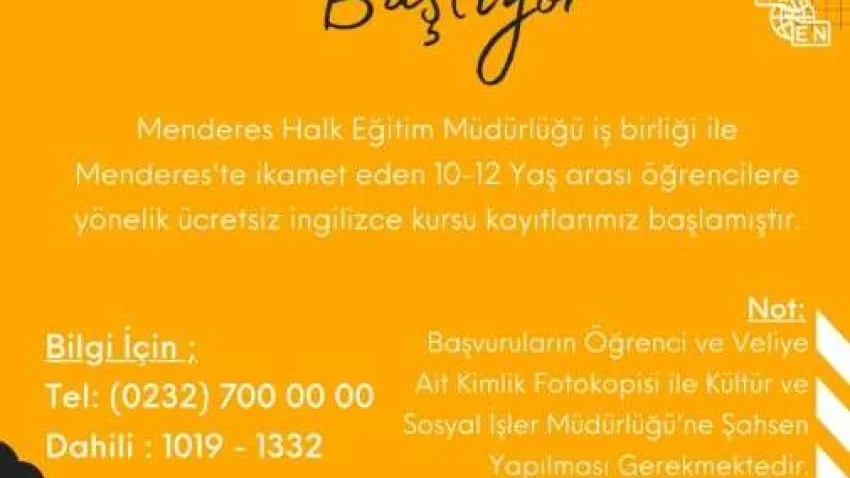 Menderes Belediyesi tarafından başlatılacak ücretsiz İngilizce kursu için kayıtlar alınmaya başlandı. Menderes Belediye Başkan V. Erkan Özkan öğrencileri kurstan yararlanmaya davet etti