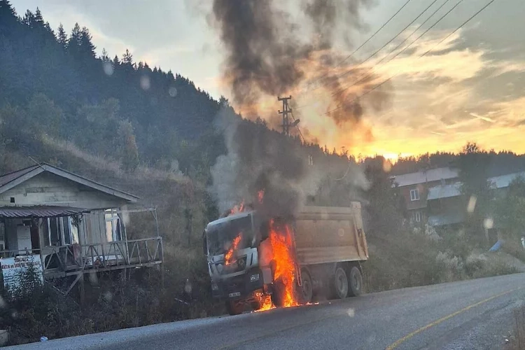 Seyir halindeki kamyon alev alev yandı