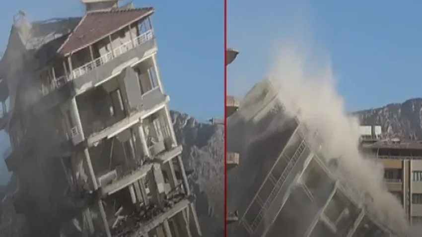 Hatay'da ağır hasarlı bina tek dokunuşla yerle bir oldu haberinin görseli