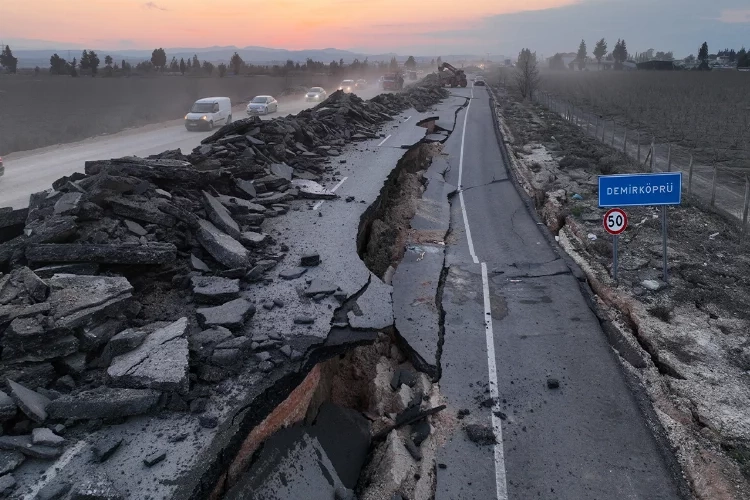 Hatay'da 4 metre kırılmaların olduğu yolda çalışmalar devam ediyor haberinin görseli