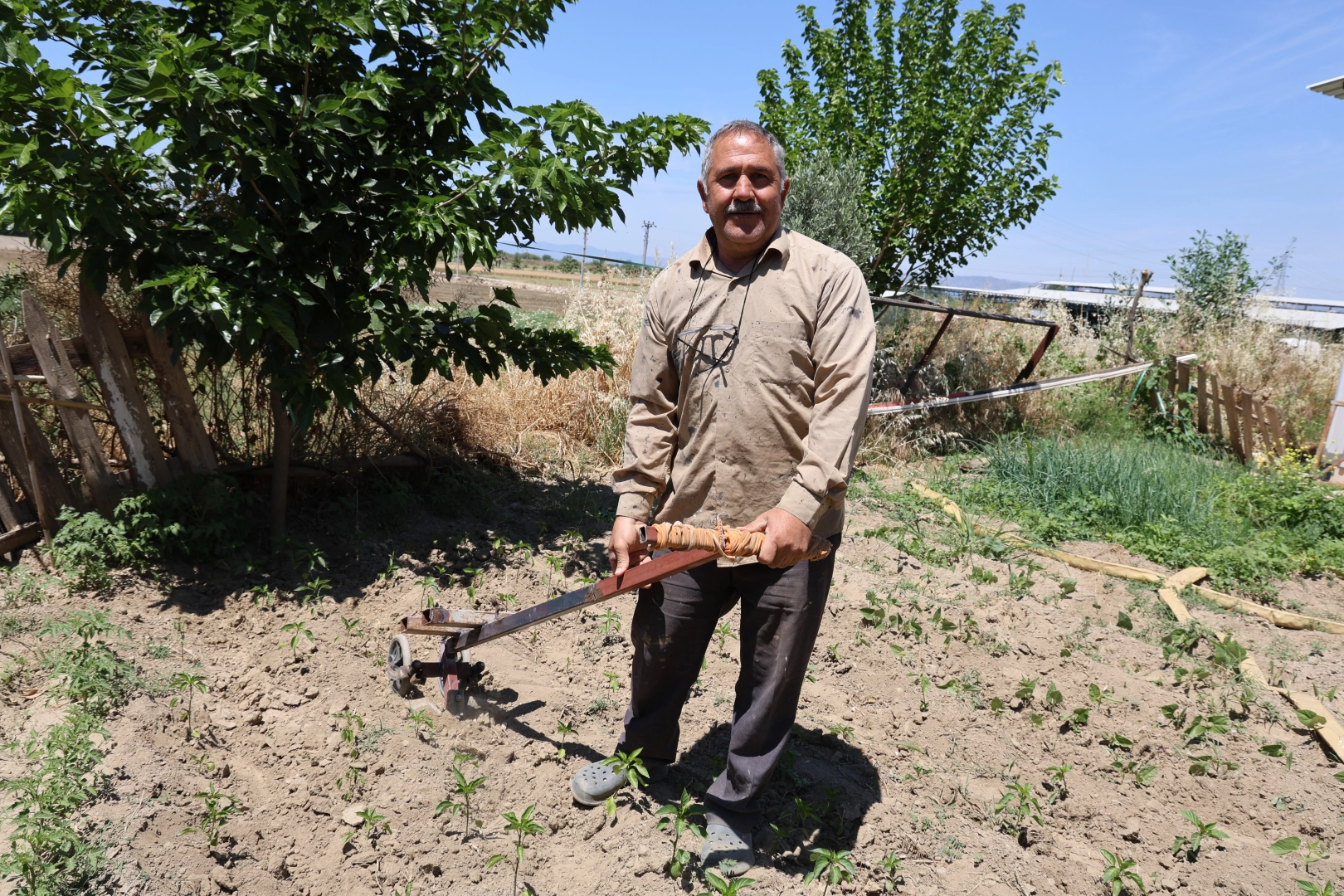 Bahçesini kendi yaptığı tekerlekli el sabanı ile işliyor