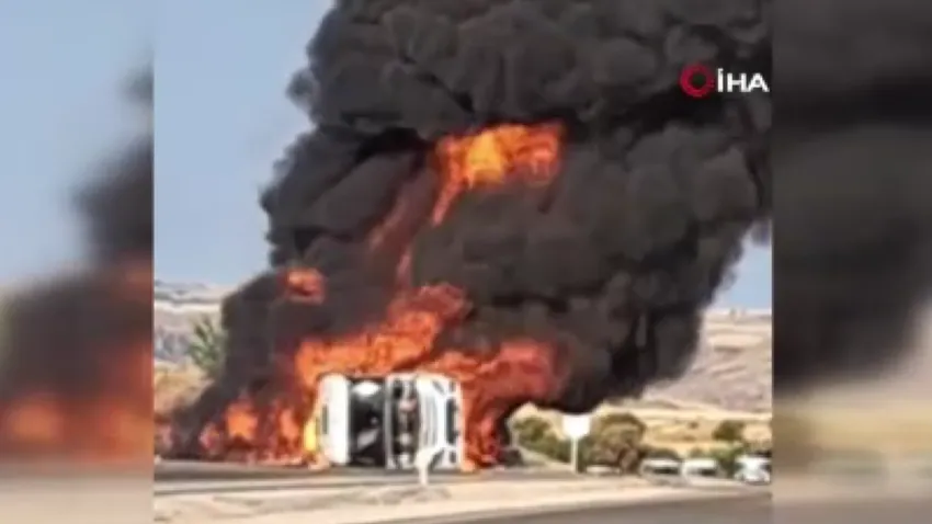 Akaryakıt yüklü tanker alevlere teslim oldu haberinin görseli