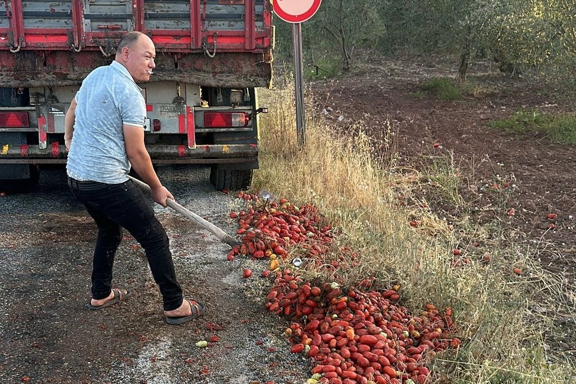 İzmir'deki yangını söndüren itfaiye erleri, Manisa'da yola saçılan domatesleri temizledi