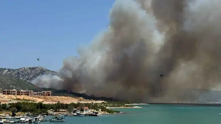 İzmir Karaburun'da çıkan orman yangına müdahale ediliyor