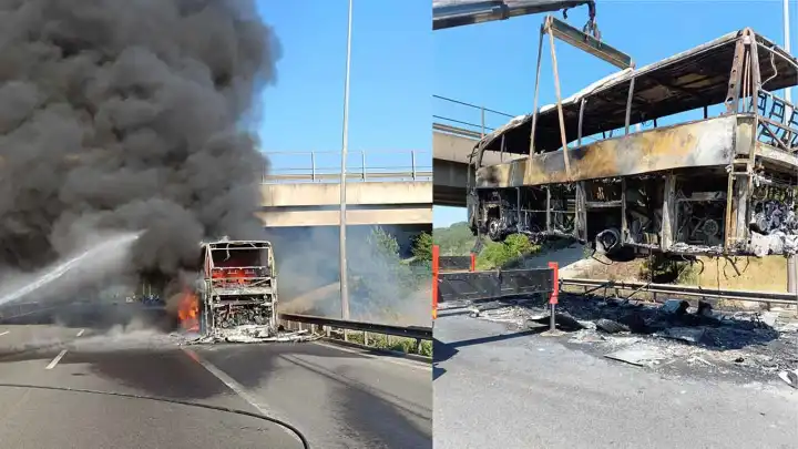 İstanbul istikametinde trafik felç oldu: Yolcu otobüsü yandı