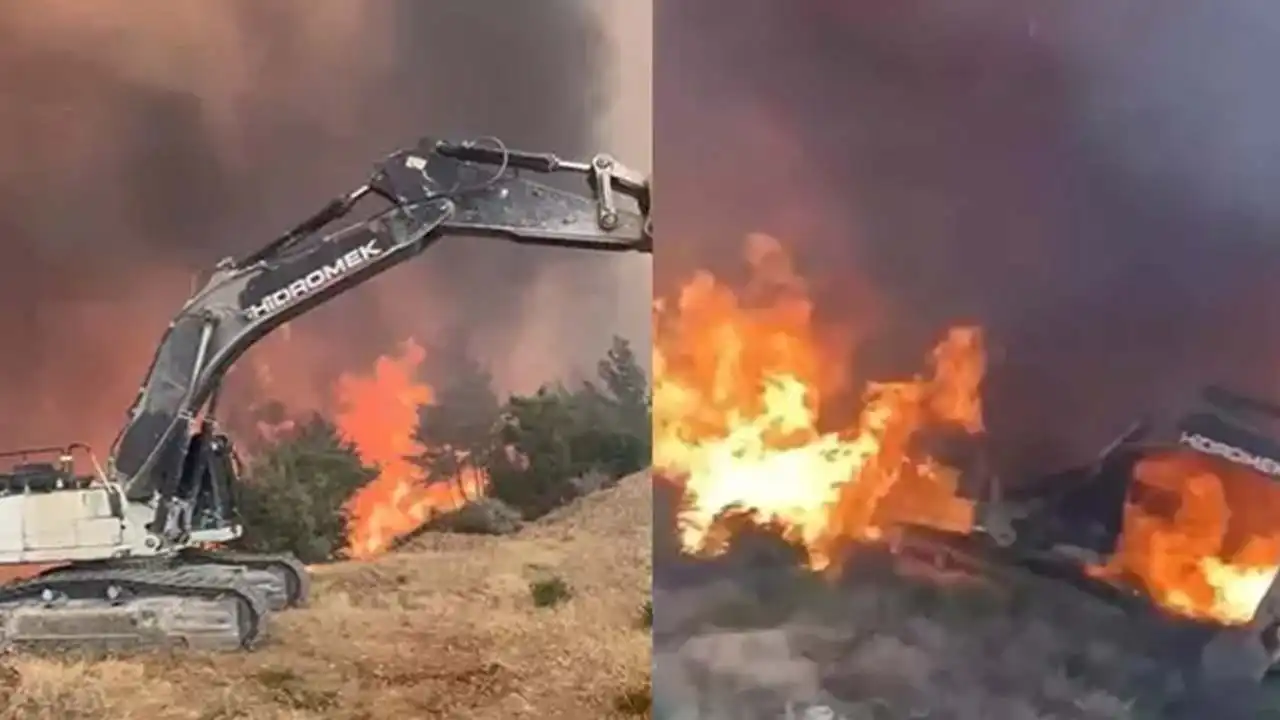 Hatay'da alevlerin arasında kalan ekskavatörün operatörü son anda kurtuldu! haberinin görseli