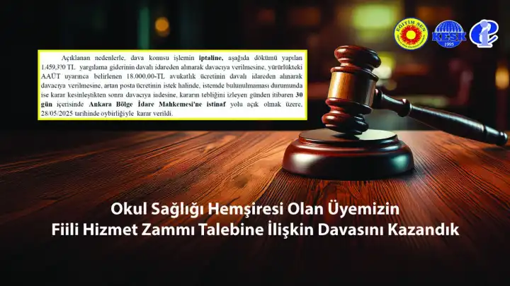 Okul sağlığı hemşiresinin fiili hizmet zammı talebine mahkemeden onay