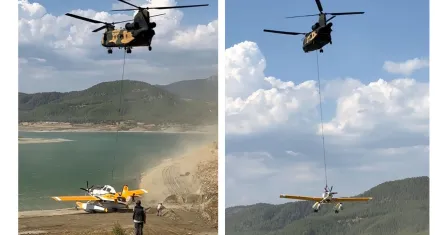 Kırıma uğrayan yangın söndürme uçağı gölden askeri helikopterle taşındı