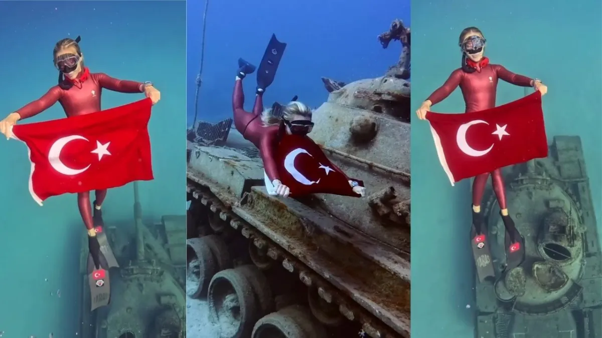 Zafer Bayramı’nda denizlerin derinliklerine: Şahika Ercümen batık tankta Türk Bayrağı Açtı haberinin görseli