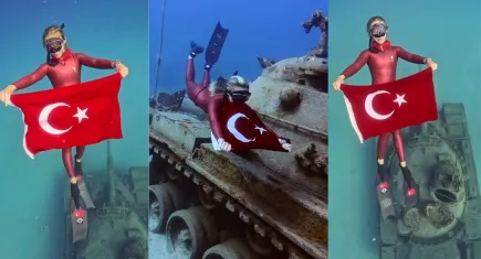 Zafer Bayramı’nda denizlerin derinliklerine: Şahika Ercümen batık tankta Türk Bayrağı Açtı