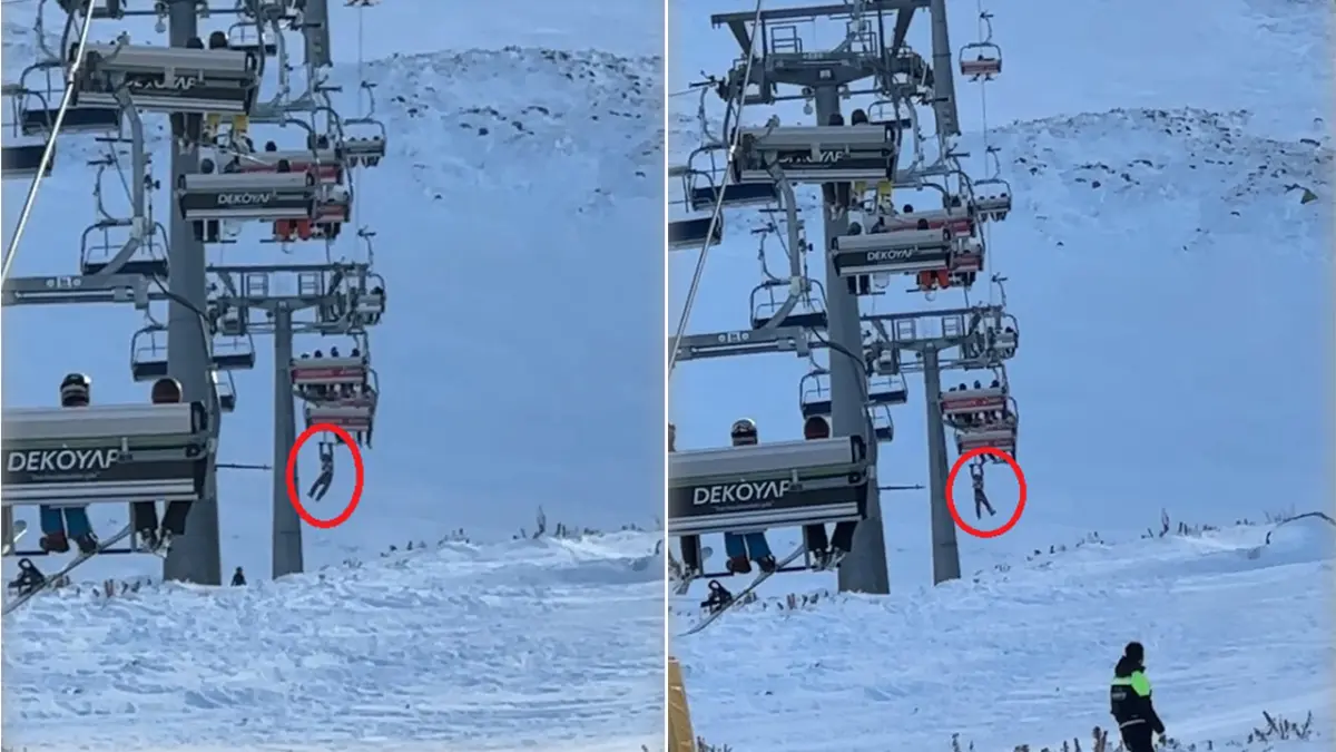 Düşen snowboardı için atladı, telesiyejde asılı kaldı haberinin görseli
