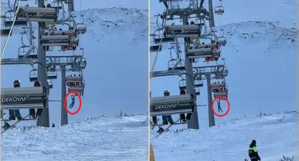 Düşen snowboardı için atladı, telesiyejde asılı kaldı