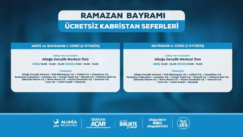 Aliağa Belediyesi’nden Ramazan Bayramı’nda ücretsiz kabristan servisi haberinin görseli