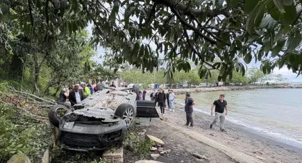 Kediye çarpmamak için manevra yapan araç plaja uçtu