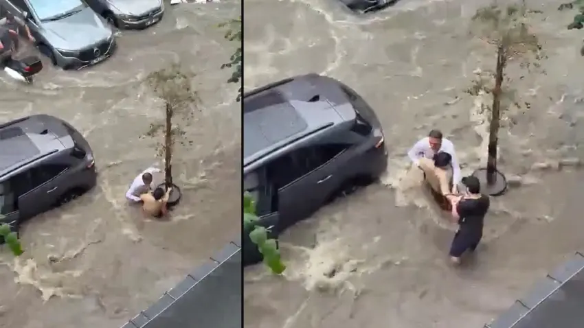 İstanbul’da sağanak kabusa döndü: Sele kapılmak üzere olan kadın saksıya tutunarak kurtuldu haberinin görseli
