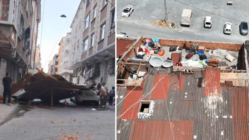 Esenler'de fırtınanın uçurduğu çatı çocukların üzerine düşmekten son anda kurtuldu haberinin görseli