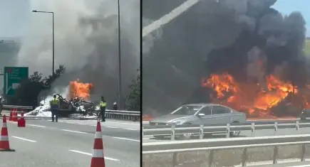 Kuzey Marmara Otoyolu'nda TIR yangını! Alevler tarım arazisine sıçradı