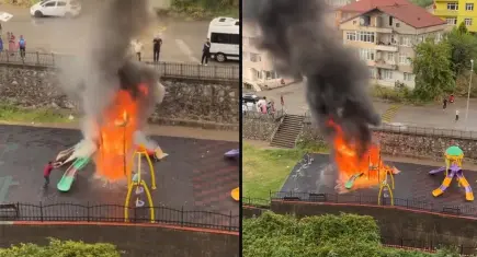 Zonguldak’ta parkta tepki çeken görüntü! 3 çocuk ‘üşüdükleri’ gerekçesiyle kaydırağı ateşe verdi