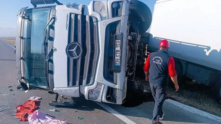Yola çıkan eşeğe çarpmamak için manevra yapan kamyon devrildi, 2 yaralı haberinin görseli
