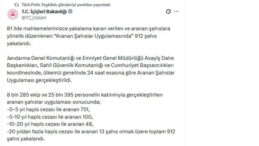 İçişleri Bakanlığı duyurdu: 81 ilde aranan 912 kişi yakalandı - Fotoğraf 1